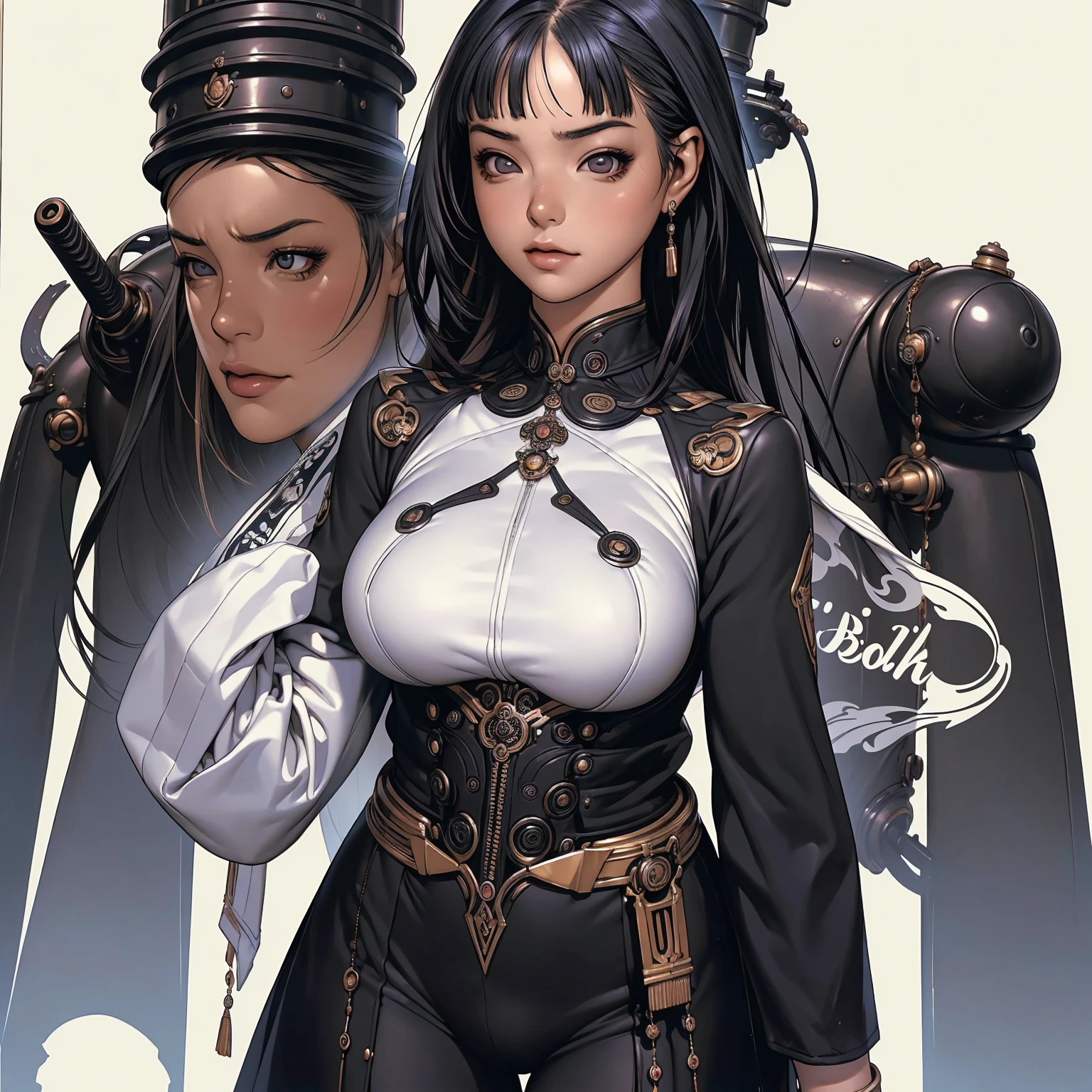(((best final quality))), (((long black hair with straight bangs))), (((koreanDollLikeness))), ssmile(((standing alone:1.2))),(((1 girl:1.2))),((((beautiful perfect woman)))),(((perfectbody detalhado, perfect finger detailed))),((((((final film poster)))))),(((to burst, close up))),((((detailed complicated machine)))),(((((mechanical genius))))),(((American comics))),(((extreme highlights))),(((extremely colorful, primary colours))),neckleace, super beautiful lady,(((Typography))),text, (Unbeatable masterpiece), (hiper HD),(CG 8k hyper-realistic), (((brave face))), (((breasts big))), (((hyper feminine))), (((musclegirl))), sexly girl, king of fighter,(straight hair with thin braids)), ((( sculptural body ))), (((1 girl))), garota de 25 anos com perfectbody,,Beautiful and well-groomed face,muscular body:1.2,solid color detailed jacket, (Head to thigh photos), Complex equipment, (((standing alone))), pirralha violent, (((14歳))), sexly, pose de atitude, work of art, post-apocalypse, (((manga style))), bounty hunter, violent, Manic, the way you want, slenderbody, thin but strong, perfectbody, roupa moderna, advanced technology, neon, sleeves with vertical striped pattern, intricate background, (( cowboy shot )). intricate visual