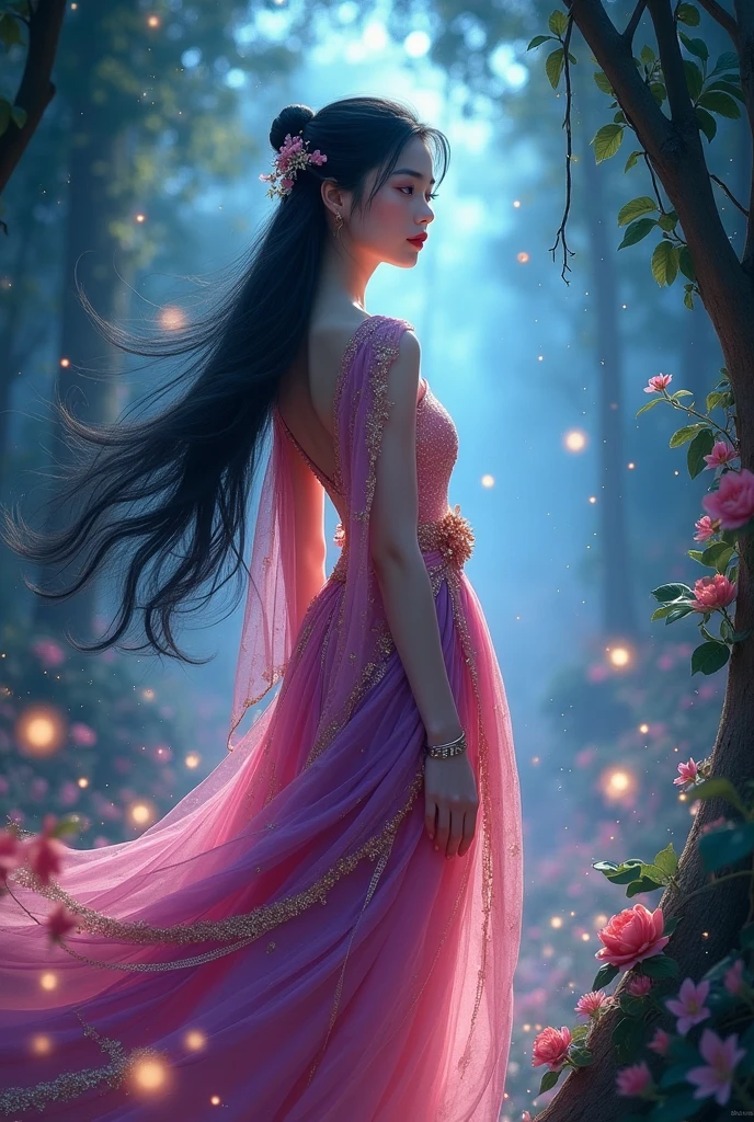 full lenght hiper 4k Think of it as a movie poster for In the Wind of Flowers. The full-body image has the main character as a beautiful young woman, wearing a sparkling pink Dusit Thai dress and a purple and gold sarong, with long black hair, tied loosely and pinned with a small hairpin floating in the back. Light from the stars, a beautiful realistic scene of a mysterious jungle, sparkling light. Three-dimensional image, oil painting, sharp image.