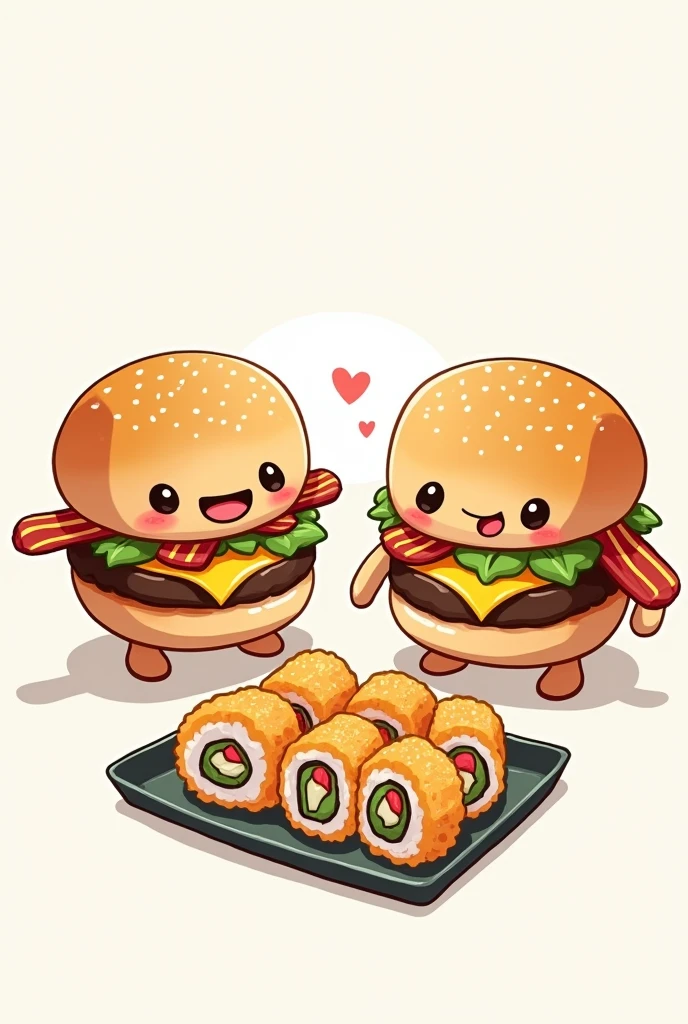 drawing with faces of 2 simple hamburgers with cheese and bacon next to 10 tempura sushi roll cuts 
