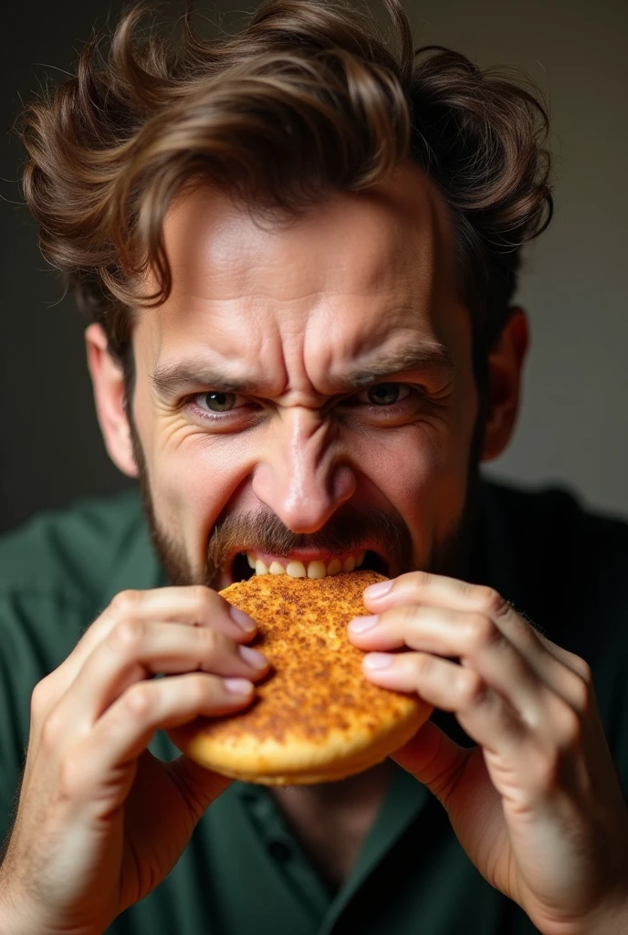 Angry brown-haired man eating a burger