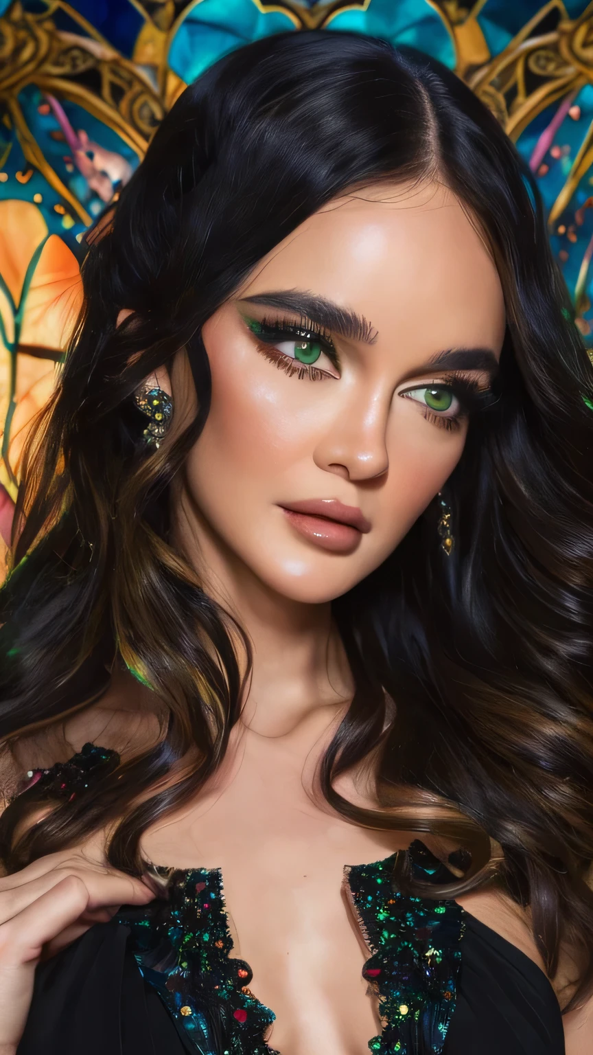 Beautiful girl, brunette, oil painting, Colorful art nouveau stained glass background, warm, slightly tanned skin, expressive face, crystal clear green eyes, detailed eyelashes and eyebrows, fleshy red mouth, long curly black hair, dress in fine black tulle draped over the shoulders, detailed and intricate black veil with small and delicate colorful iridescent crystals, over the tulle and dress, (((body from the knee up))), image dazzles you with beauty, in the highest quality, mesmerizes, 8k, UHD .