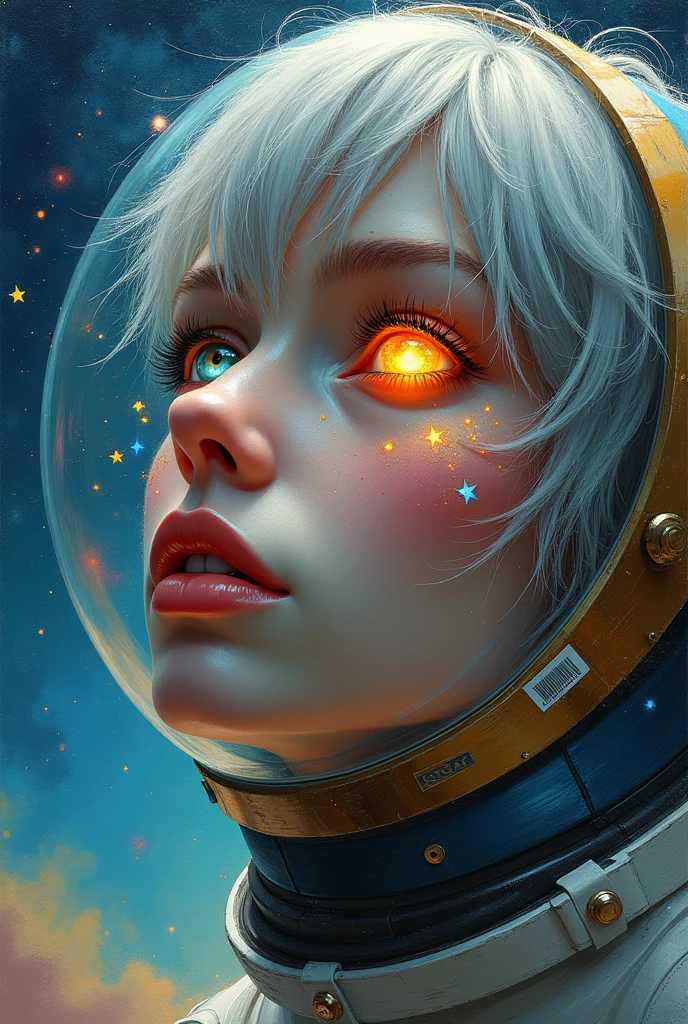 (Close-up of a better masterpiece:1.5)0.9], (Space and astronauts:1.2) (Messy silver hair:1.1) (Heterochromia xanthochromia and blue eyes:1.2) (Space Helmet:1.0) (Colored stars in the eyes:1.0) (A radiant glow:1.1) (thick lips:0.9)