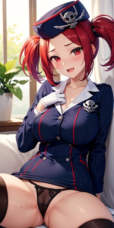 1 Female,High definition,high resolution,Ultra-realistic,8K, 1girl, solo, red hair, red eyes, twintails, employee uniform, pencil skirt, skull print, navy cap, fang, black legwear, white gloves,European,sexy,Upper body close-up,Photographed from the front,Dynamic Angles,blush, big tits , happy, wink the eye,facial, sweat,(wide thighs:1.4),(black panties),(show panties),(spread legs),(cameltoe)