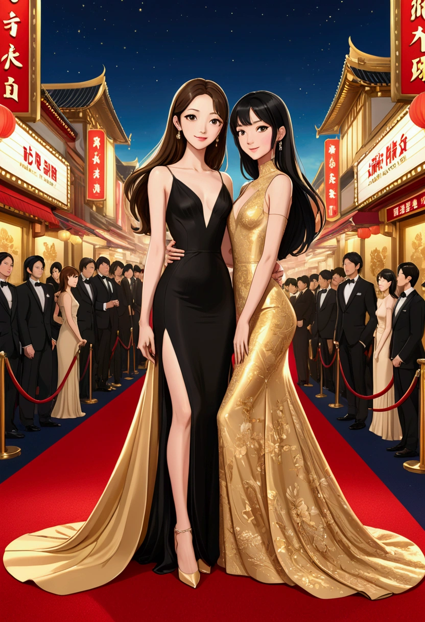 Name "ANILPIN WORLD PREMIERE (#TheLoyalPinGalaPremiere)" in an elegant dynamic 3d golden font to an idyllic image of TWO beautiful women in Anime Illustration style, deeply in love. One with long straight light brown hair, delicate British features, dressed in a beautiful long elegant tight floor length black dress, and the other is Asian, with long straight black hair, dressed in a tight elegant floor length gold dress. They are on a red carpet at their movie premiere. They are radiant and happy. illustration, 3d render, photography, realistic, anime, photography. , poster, fashion, portrait photography