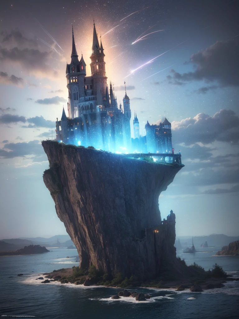 (8k, highest quality, masterpiece, final fantasy style: 1.2), (unRealistic, photoRealistic: 1.37), Dreamy landscape, Fantasy, Unsurreal landscapes, Super detailed, Flying Castle, Floating Island in the Sky, Seven-colored swirl of light, Intense lightning, milky way, Complex Light, Colored light, Large Lake, Starry sky reflected on the lake surface, Countless shining stars, Meteors, Reflections , (A pillar of light emanated from the ground:1,2),heavenly roses and orchids gardens on the ground , sunset, pink clouds, waterfall in the sky, realistic style, Hyperrealism drawing, a flying pirate spaceship floating at the clouds level, burning skyscrapers, cyborgs, timeless realms, stunning princess , floating hair, pink lipstick, cute, naked shoulders , circlet, sideless, backless, white mage robe, white leotard, pelvic curtain, leaning forward, casting spell, healing light magic effect, in a magical lagoon of the fairyland, crystal clear water surface reflections, sharp focus, looking at viewer, (close-up:0.9), (bright white theme:1.2), (bright white tone:1.2), (deep blue tone:1.3), realistic, Hyperrealism,