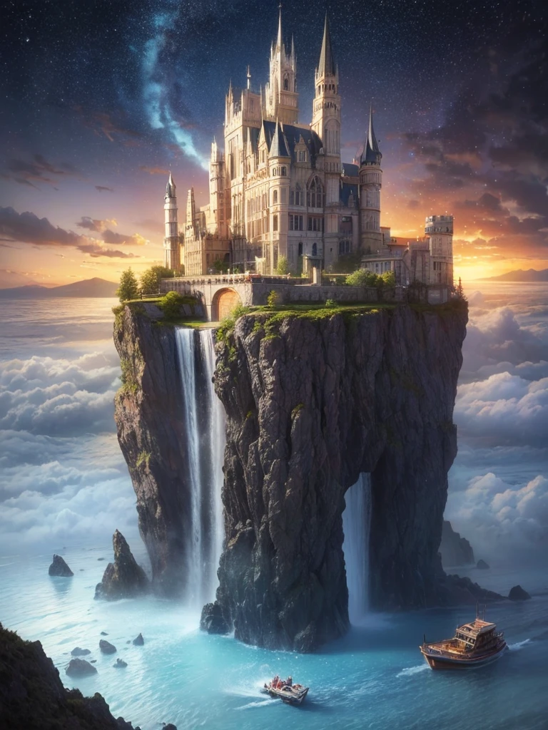 (8k, highest quality, masterpiece, final fantasy style: 1.2), (unRealistic, photoRealistic: 1.37), Dreamy landscape, Fantasy, Unsurreal landscapes, Super detailed, Flying Castle, Floating Island in the Sky, Seven-colored swirl of light, Intense lightning, milky way, Complex Light, Colored light, Large Lake, Starry sky reflected on the lake surface, Countless shining stars, Meteors, Reflections , (A pillar of light emanated from the ground:1,2),heavenly roses and orchids gardens on the ground , sunset, pink clouds, waterfall in the sky, realistic style, Hyperrealism drawing, a flying pirate spaceship floating at the clouds level, burning skyscrapers, cyborgs, timeless realms, stunning princess , floating hair, pink lipstick, cute, naked shoulders , circlet, sideless, backless, white mage robe, white leotard, pelvic curtain, leaning forward, casting spell, healing light magic effect, in a magical lagoon of the fairyland, crystal clear water surface reflections, sharp focus, looking at viewer, (close-up:0.9), (bright white theme:1.2), (bright white tone:1.2), (deep blue tone:1.3), realistic, Hyperrealism,