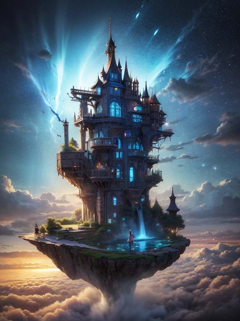 (8k, highest quality, masterpiece, final fantasy style: 1.2), (unRealistic, photoRealistic: 1.37), Dreamy landscape, Fantasy, Unsurreal landscapes, Super detailed, Flying Castle, Floating Island in the Sky, Seven-colored swirl of light, Intense lightning, milky way, Complex Light, Colored light, Large Lake, Starry sky reflected on the lake surface, Countless shining stars, Meteors, Reflections , (A pillar of light emanated from the ground:1,2),heavenly roses and orchids gardens on the ground , sunset, pink clouds, waterfall in the sky, realistic style, Hyperrealism drawing, a flying pirate spaceship floating at the clouds level, burning skyscrapers, cyborgs, timeless realms, stunning princess , floating hair, pink lipstick, cute, naked shoulders , circlet, sideless, backless, white mage robe, white leotard, pelvic curtain, leaning forward, casting spell, healing light magic effect, in a magical lagoon of the fairyland, crystal clear water surface reflections, sharp focus, looking at viewer, (close-up:0.9), (bright white theme:1.2), (bright white tone:1.2), (deep blue tone:1.3), realistic, Hyperrealism,
