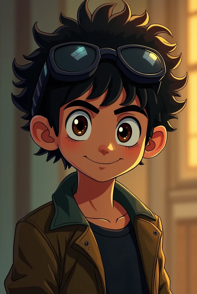 a character for youtube, naughty man , blacksad, short curly black hair and brown eyes, with glasses on his head, bandit style 
