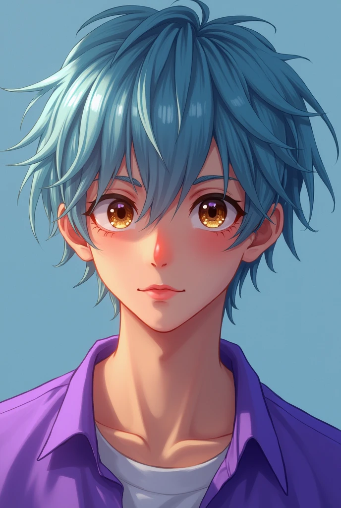 Teenage boy with light blue hair and brown eyes wearing purple shirt