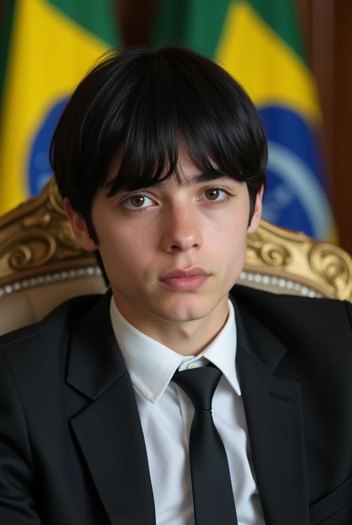 ((best quality)), ((masterpiece)), (detailed), perfect face, man, black hair with bangs, white skin, 16 years old, as president of Brazil, Sitting in the presidential chair, the Brazilian flag is in the background