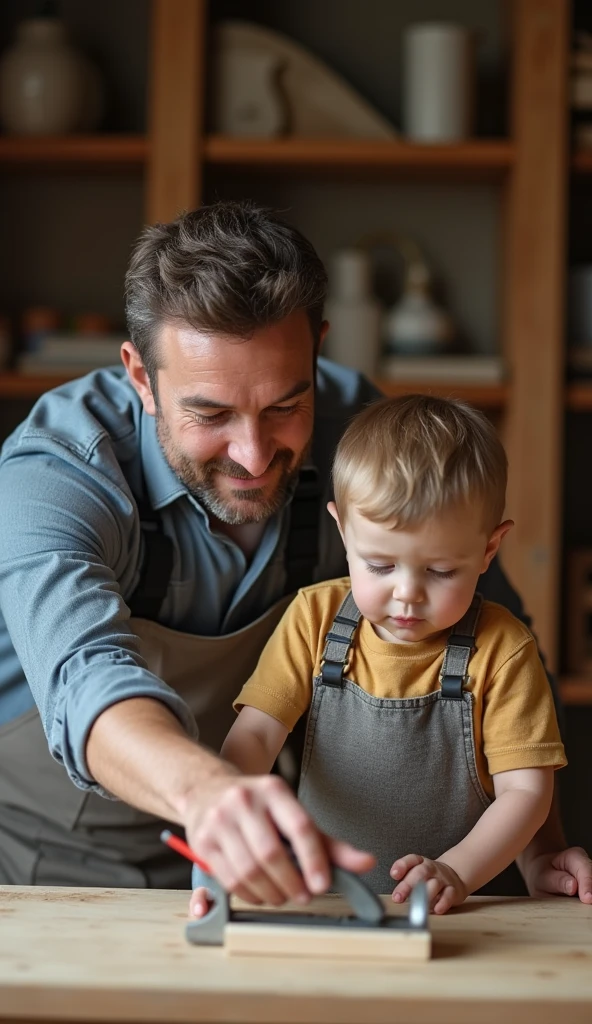 Image of father teaching son how to use a tool