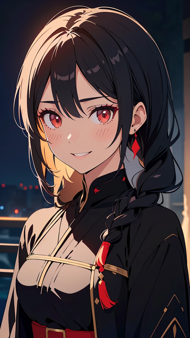 Anime,Girl1,triangle face,red eyes,black hair,braided ponytail hairstyle,Black eyeshadow,upper body,(Black Arabic abaya dress,waist belt,smile),(Highly detailed CG,module,8K wallpapers)،(Highest quality, high resolution, beautiful lighting, realistic shadow, high resolution)،(Detailed skin, highly detailed, detailed faces and eyes, realistic eyes)
