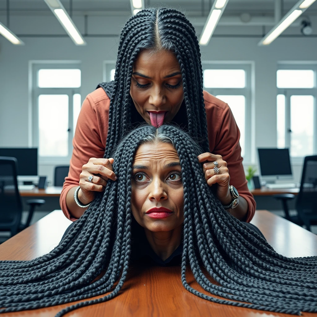 in luxerius office items sorrounded bright lighted modern indian office,two 65 years old indian ladies licking head scalps of each others,crawling on to oof the other,red lipsstick,tone pulled out,licking scalp,cornrowed braided hair,styled with 100000 liters hair oil,hairs like viscus oiled pulp,slick combed hair lines highly visible,{{{{{{NSFW}}}}},{{{{{Nudity}}}}},{{{{{{{{{{{Full Nude}}}}}}}}}}}}}}}}