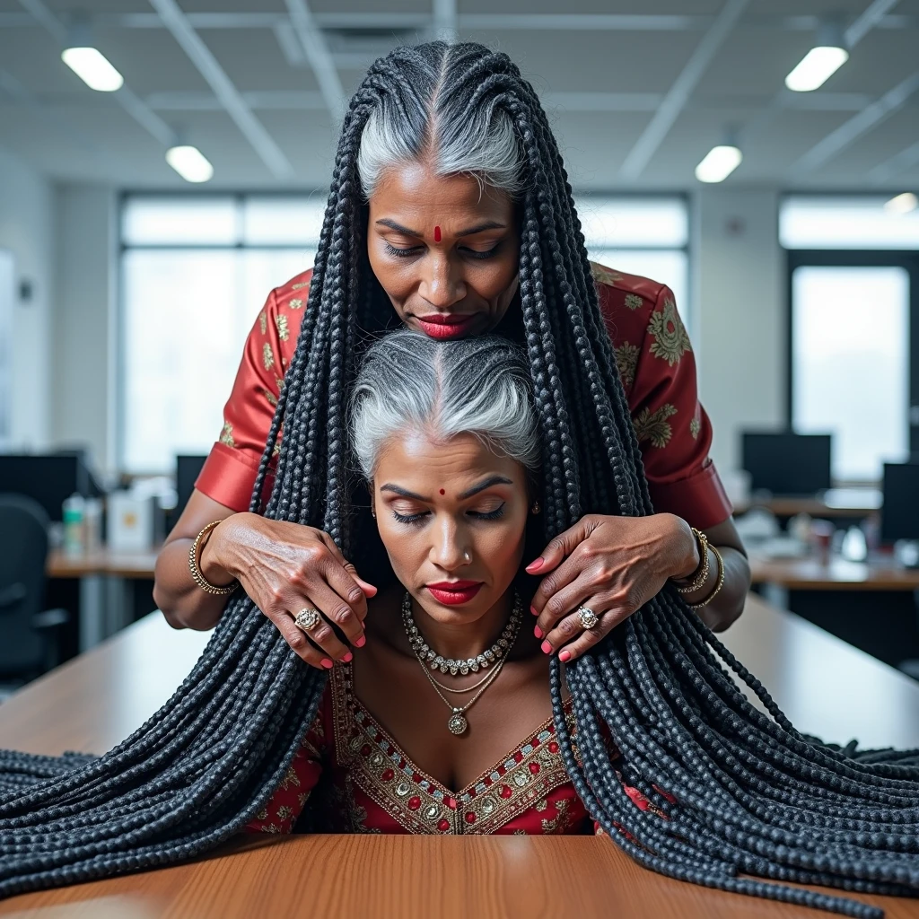 in luxerius office items sorrounded bright lighted modern indian office,two 65 years old indian ladies licking head scalps of each others,crawling on to oof the other,red lipsstick,tone pulled out,licking scalp,cornrowed braided hair,styled with 100000 liters hair oil,hairs like viscus oiled pulp,slick combed hair lines highly visible,{{{{{{NSFW}}}}},{{{{{Nudity}}}}},{{{{{{{{{{{Full Nude}}}}}}}}}}}}}}}}