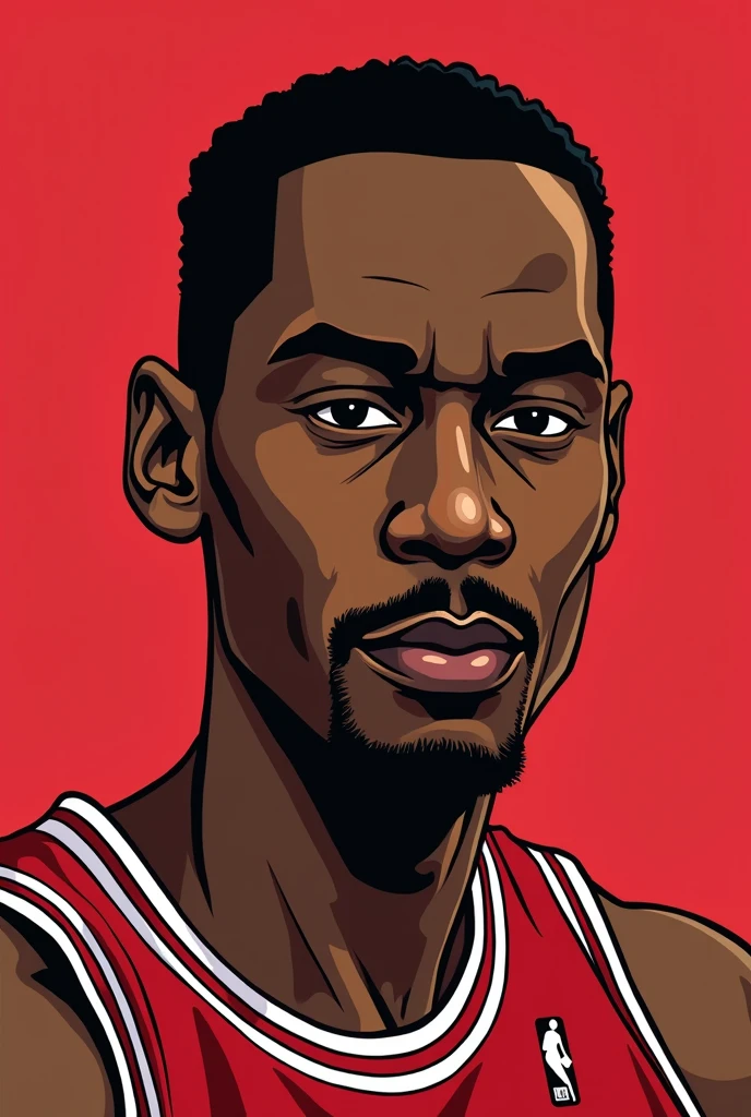 Illustration, cartoon, HQ 80s, Michael Jordan, adobe illustration style, comic hq style, lines black , stroke blak, shadows black, Dark brown skin, Cartoon,, Michael Jordan, Michael jordan face, Jordan 23, Chicago bulls, red Jersey