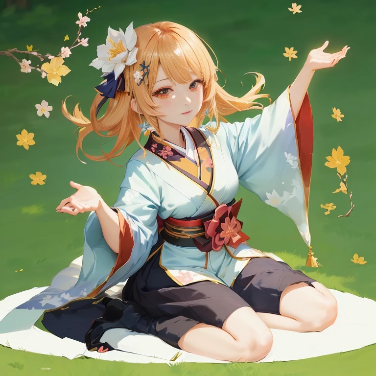 anime girl sitting on the ground with her arms outstretched, ayaka genshin impact, ayaka game genshin impact, genshin, rin, sakura petals around her, keqing from genshin impact, cute anime waifu in a nice dress, onmyoji, zerochan art, marin kitagawa fanart, zhongli from genshin impact, in a kimono