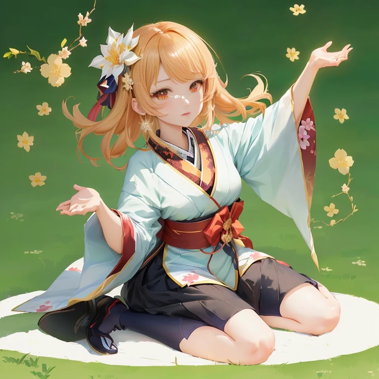 anime girl sitting on the ground with her arms outstretched, ayaka genshin impact, ayaka game genshin impact, genshin, rin, sakura petals around her, keqing from genshin impact, cute anime waifu in a nice dress, onmyoji, zerochan art, marin kitagawa fanart, zhongli from genshin impact, in a kimono