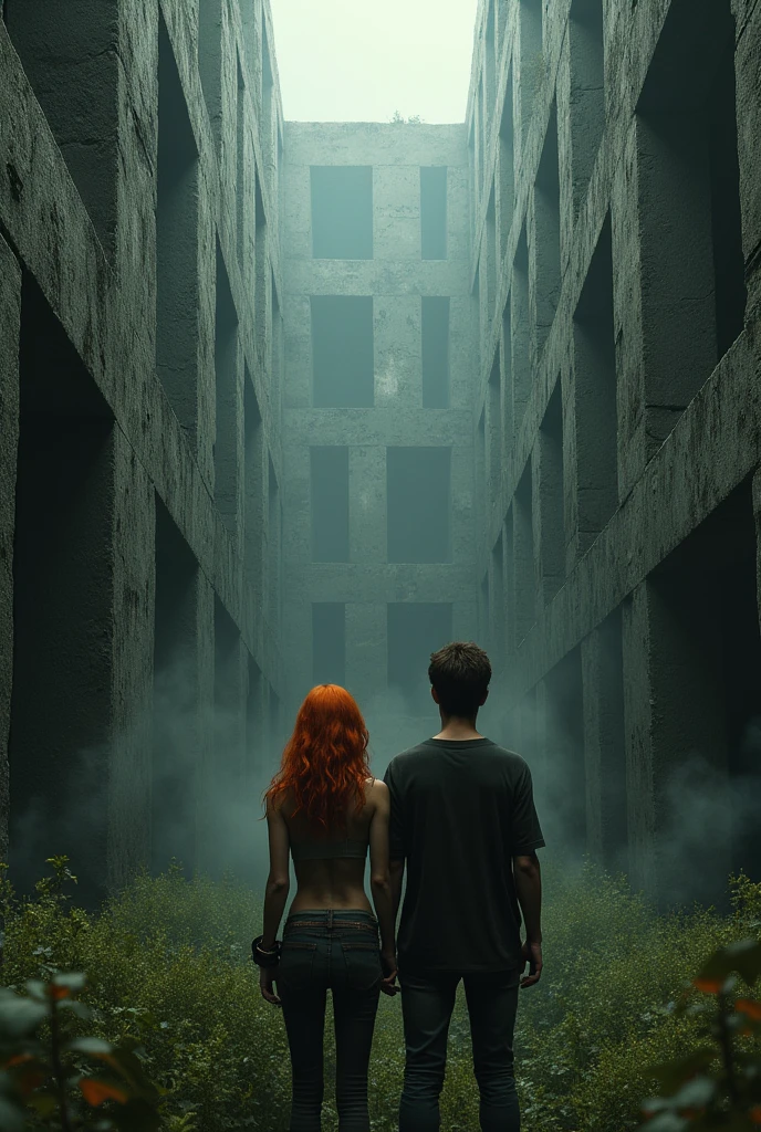 thomas maze runner next to a young redheaded woman in the maze from the maze runner movie