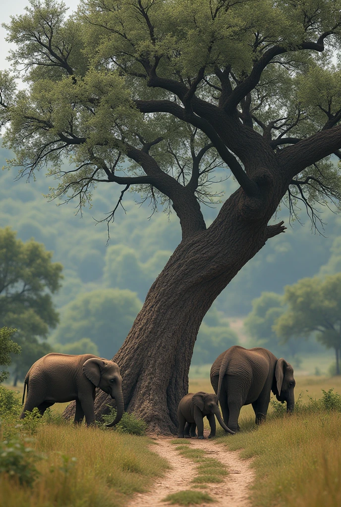 Create a realistic image with a large tree lying completely on the ground in the middle of the path, blocking the passage. three elephants try to push her. an elephant is big and adult, the other two are small puppies.