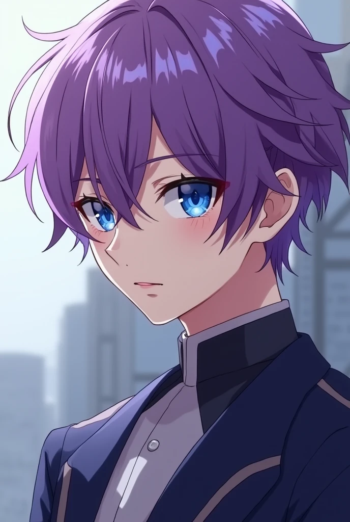 anime guy from chansaw man purple hair, with blue eyes