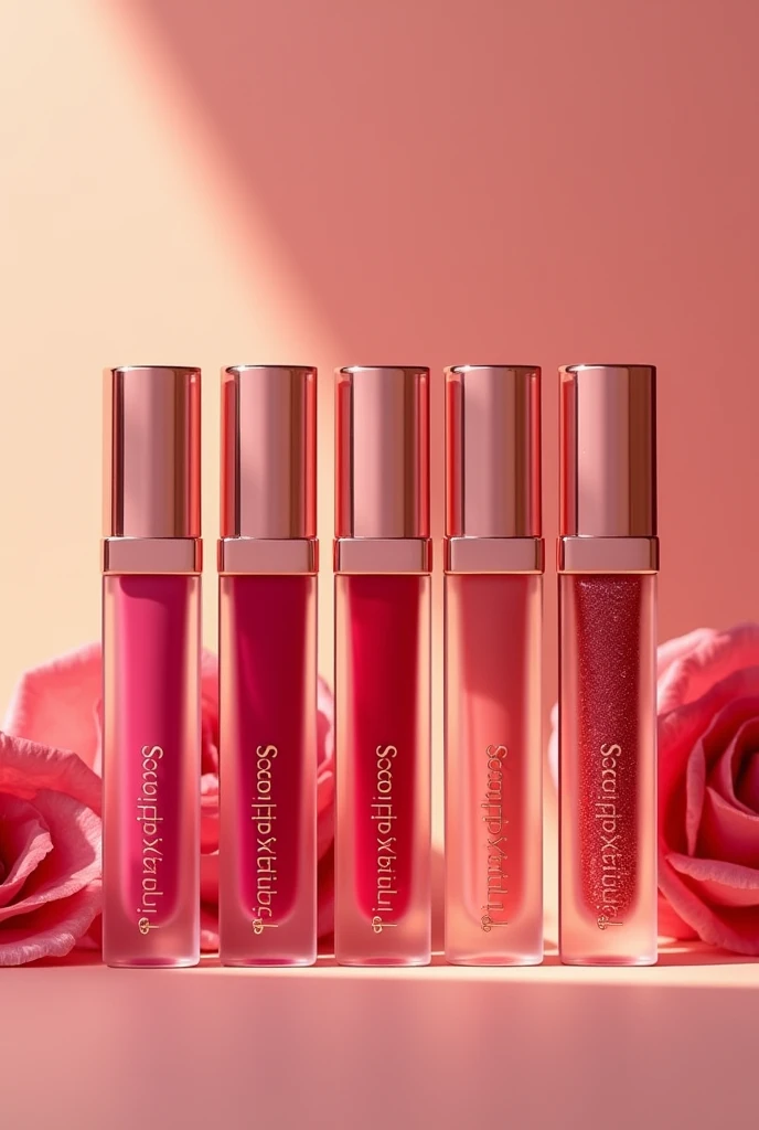 Design a collection of five unique lip glosses for the brand “Pinkyblings,” each in different shades: vibrant pink, soft nude, rich berry, bright coral, and shimmering champagne. Each lip gloss should have distinct, luxurious packaging that complements the shade, featuring the “Pinkyblings” logo prominently. The designs should exude sophistication, with a cohesive yet varied aesthetic that appeals to a high-end market