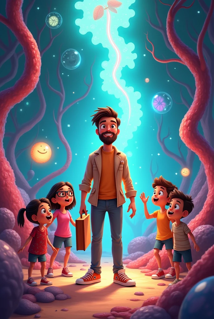 Young bearded teacher with students teleporting inside human body in cartoon