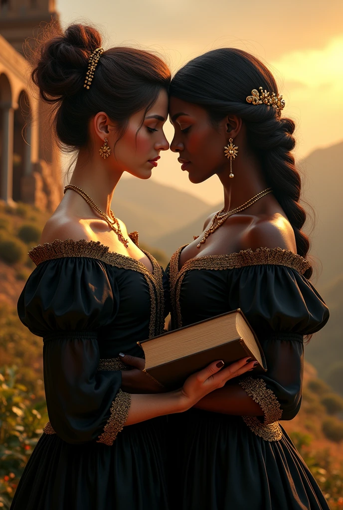 "Create a romantic, historical scene set in early 18th century colonial Brazil, focusing on two women in a vibrant and detailed environment. The first woman is a strong figure, influential and a Portuguese woman with a mature and dominant appearance, dressed in an elegant black dress with gold details. She is involved in an affair with the second woman, a domestic slave of mulatto origin and passive appearance
, who was raised within the paternal family. The slave is described as beautiful, with delicate features and well-groomed hair, also dressed in a black dress with gold.
The scene should portray the two women, with the slave holding a book, symbolizing his quest for knowledge and a special bond with his owner, Although, in a dominant scene . The background should show a detailed landscape of Minas Gerais in colonial times., with a mineral extraction property. Include elements typical of the period, like muleteers with their loads, maids performing daily tasks, and the characteristic architecture of colonial buildings. Lighting should capture the warm, opulent atmosphere of colonial Brazil, reflecting both the wealth of the property and the intimacy of the relationship between the two women."
