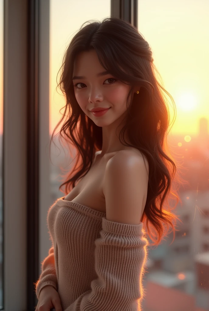 (masterpiece:1.3), High resolution, Very detailed, Highly detailed CG Unity 8K wallpapers, Realistic, photo-Realistic, RAW Photos, Beautifully detailed face, Pale skin, Realistic glistening skin, Detailed cloth texture, Detailed hair texture, Perfect body, Beautiful Face, Accurate, Anatomically correct, Very detailed顔と肌の質感, Natural neck length, (Beautiful Hands), (Fair skin:1.2), Thin legs, Thin legs, Wet body:1.1, Wet Hair, 
break, 
Detailed eyes, Symmetrical eyes, Light brown eyes, double eyelid, Thin eyebrows, (Glossy Lips:1.4), (smile:1.3), (blush:1.1),
break, 
(Very cute girl:1.3), (Wearing an off-the-shoulder knit dress:1.2), Small breasts:0.8, (Nipples visible through transparent fabric:0.75), (Hard chest, Shapely breasts, Slim figure:1.1), Toned Abs,  (Dark brown hair, Wavy Hair, Medium Long Hair:1.2), ((Swept-apart bangs:1.2)), 
break, 
((Stand seductively in front of a window:1.3)), (Inside Google&#39;Stylish office), (Cowboy Shot:1.2), View your audience, Distance from bottom, (Sparkling sunset view),