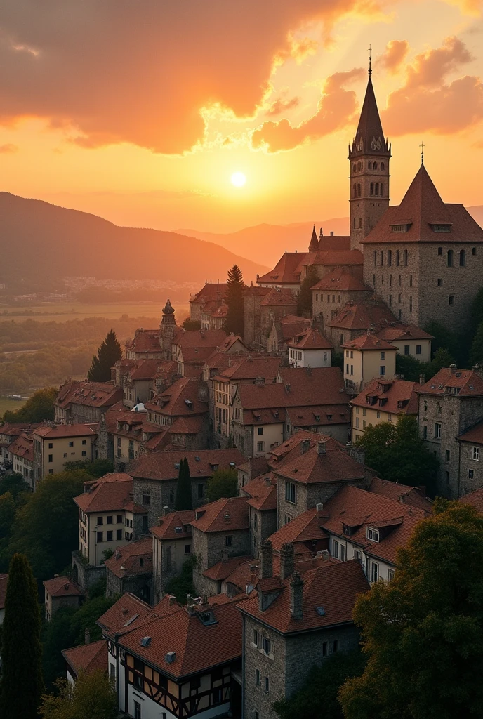 ((Best resolution:1.4)), ((high quality:1.2)), Work of art, 8k, extremely detailed, ((High detail:1.2)), cinematic photo, a very beautiful city, medieval houses and trees, sunset sky,