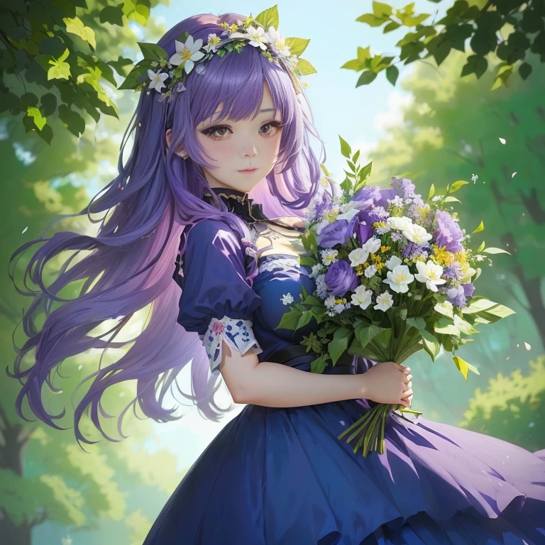 anime girl with purple hair and flowers in her hand, anime moe artstyle, marin kitagawa fanart, anime lush john 8k woods, beautiful anime portrait, guweiz, cute anime waifu in a nice dress, guweiz on pixiv artstation, high quality anime artstyle, anime visual of a cute girl, with flowers, official art, official artwork