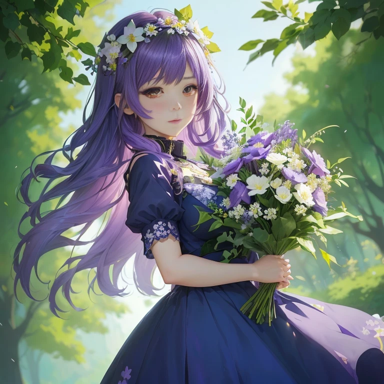 anime girl with purple hair and flowers in her hand, anime moe artstyle, marin kitagawa fanart, anime lush john 8k woods, beautiful anime portrait, guweiz, cute anime waifu in a nice dress, guweiz on pixiv artstation, high quality anime artstyle, anime visual of a cute girl, with flowers, official art, official artwork