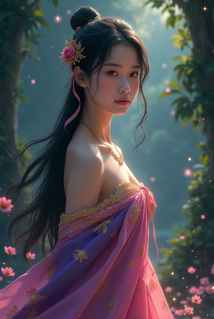 full lenght hiper 4k Think of it as a movie poster for In the Wind of Flowers. The full-body image has the main character as a beautiful young woman, wearing a sparkling pink Dusit Thai dress and a purple and gold sarong, with long black hair, tied loosely and pinned with a small hairpin floating in the back. Light from the stars, a beautiful realistic scene of a mysterious jungle, sparkling light. Three-dimensional image, oil painting, sharp image.