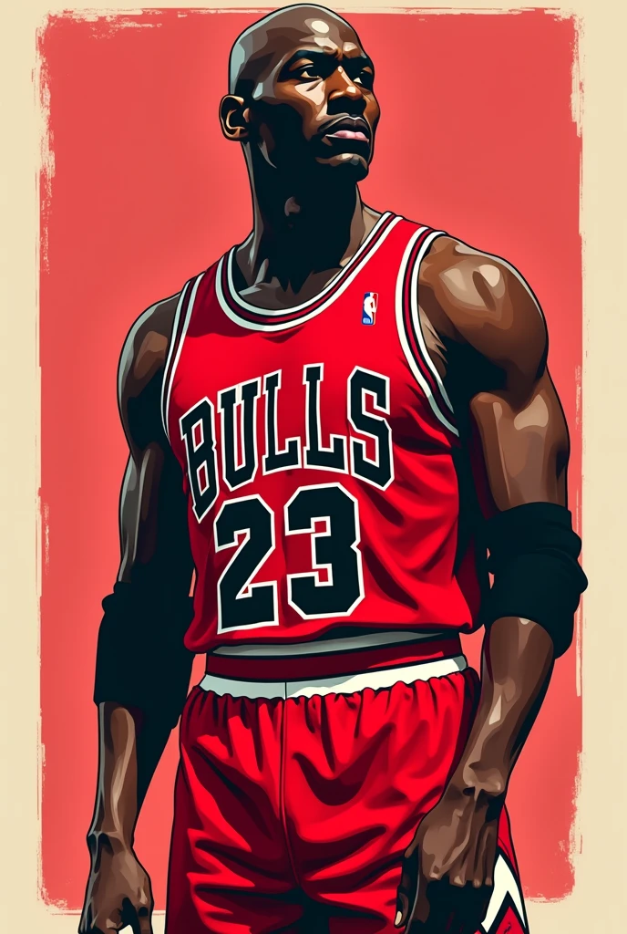 Illustration, cartoon, HQ 80s, Michael Jordan, adobe illustration style, comic hq style, lines black , stroke blak, shadows black, Dark brown skin, Cartoon,, Michael Jordan,  Jordan 23, Chicago bulls, red Jersey


