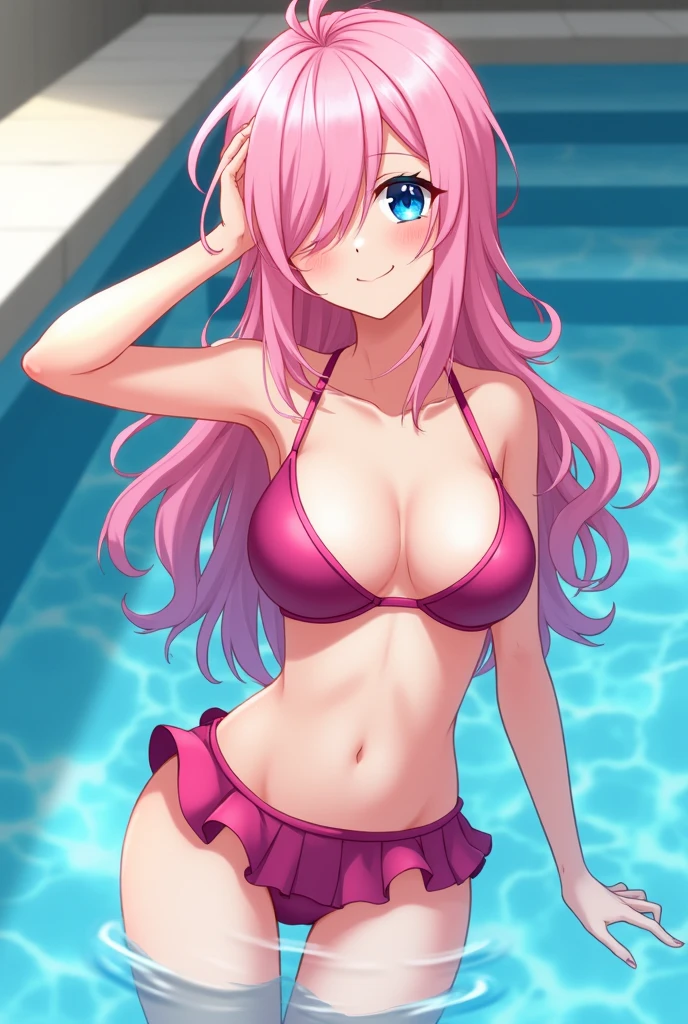 Anime style, source_anime, ((medium round breasts:1.34)), (1 Girl), ((neon light pink hair: 5.2, long and messy wavy, hair over one eye)))), blue eyes, double eyelids, light effect in the eyes, wide hips, tiny pleated skirt, naughty smile, ((hourglass hot perfect sexy body)), solo, best quality, masterpiece, portrait, flirting with viewer, sensual pose, detailed, perfect anatomy, detailed art, high definition, 4k , high resolution, in pool, ((slingshot bikini)),