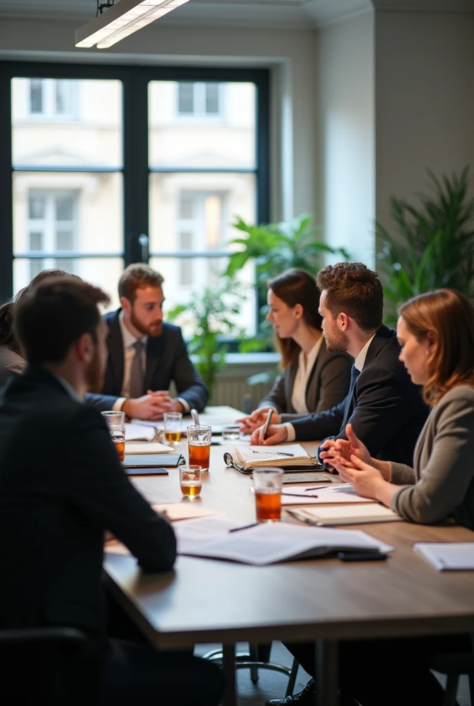 People gathered at a table, in a work meeting discussing