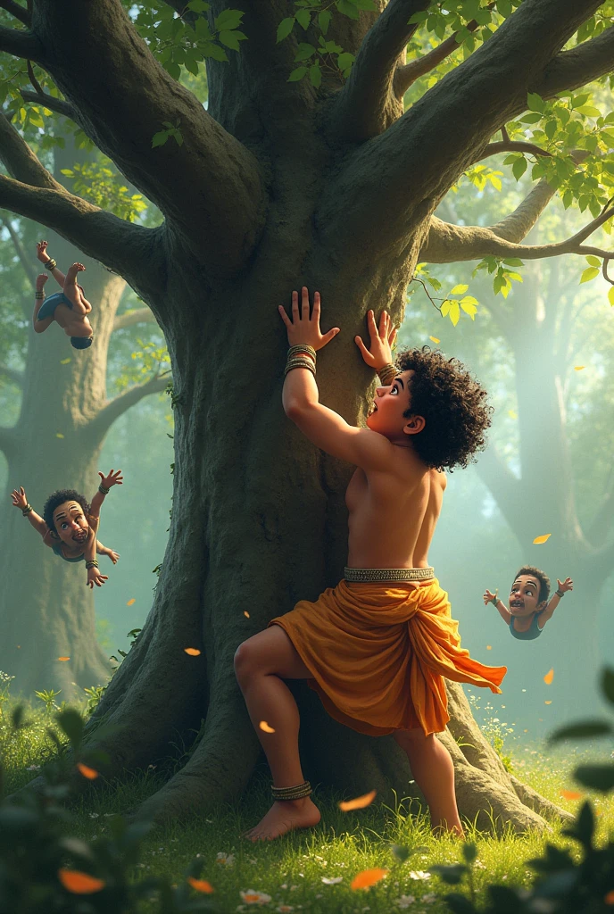 Angered by the Kauravas, s old Bhima grabs the tree and shakes it with his immense strength. The Kauravas fall from the tree like fruits, landing on the ground in surprise.