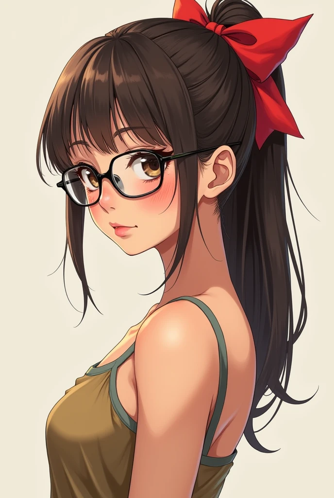 19 year old girl with long straight hair loose half ponytail hairstyle adorned with a red bow,side fringe,brown hair,dark brown eyes,Freckles on the cheeks,tanned skin, chubby cheeks,thin legs,medium large butt,small breasts,thick lips,small mouth,square face, Thin waist, rectangular black glasses