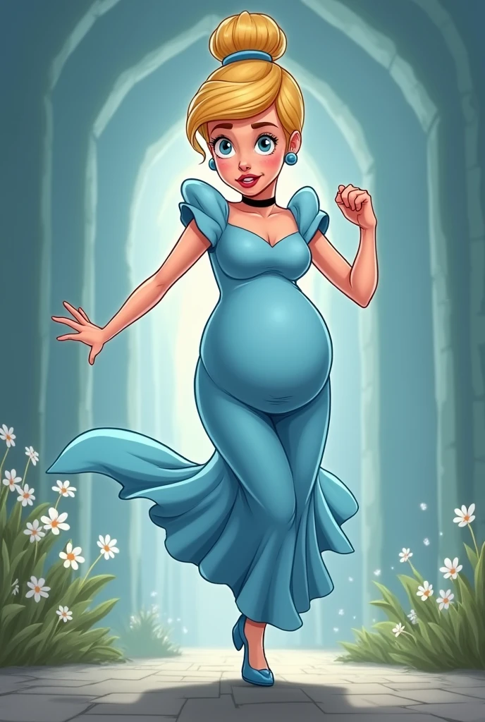 a cartoon image of pregnant princess Cinderella running from a doctor scared TOO scared of him hurting her, make an image of her running from the doctor scared.
