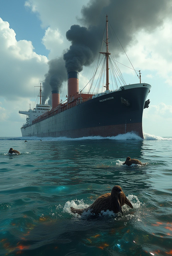 Ship polluting the water with oil 