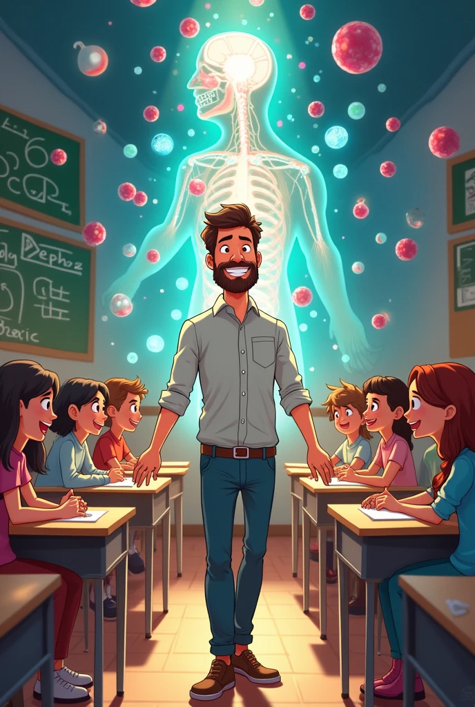 Young bearded teacher with students teleporting from classroom to inside human body in cartoon