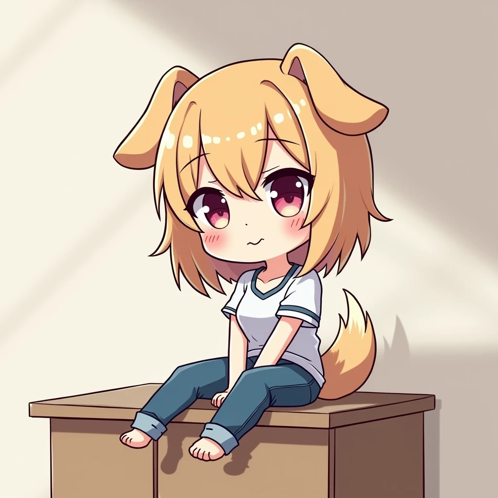a chibi anime 1girl sitting on a kitchen, dog ears, shirt, jeans, table, smile