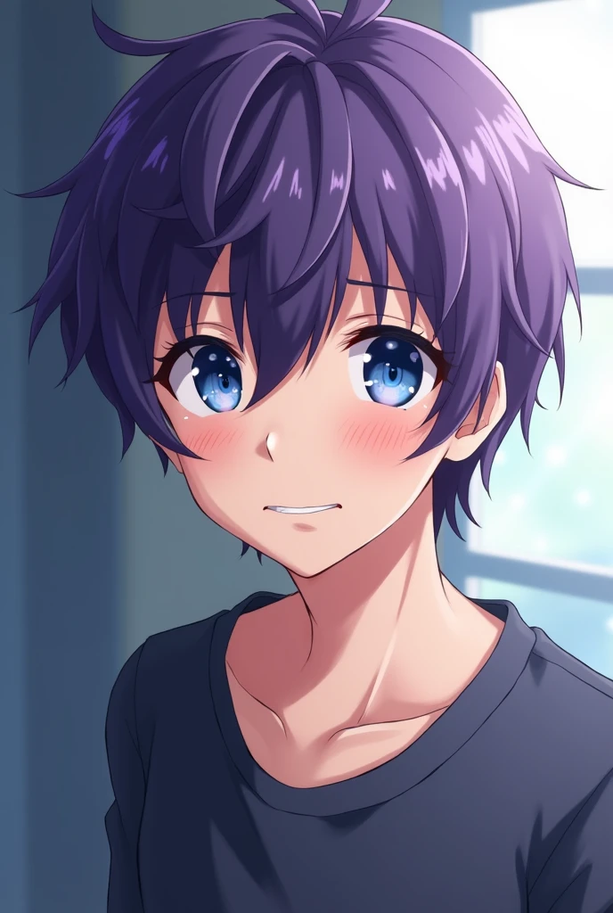purple haired anime boy with dark blue eyes, smiling sweetly looking at the camera