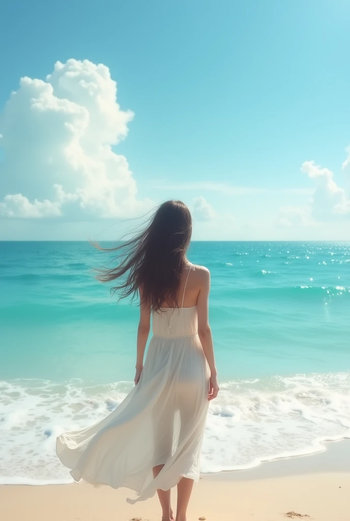 A photo of a woman on the beach from behind
