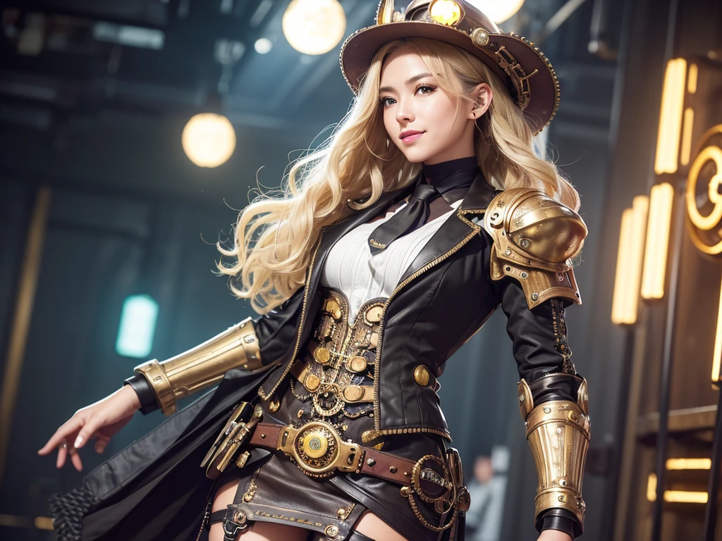 Woman portrait、Highest quality、Rear View、8k,Detailed face, clear, Fine skin、clear, Beautiful Eyes、whole body、(Curly Hair)、My hair was messed up by the wind、The beauty of a smile、(Attractive muscles、expensive),(Hip_Excellent, Hip Excellent), Mature Woman,( Observe the audience),Realistic, High resolution, Soft Light,1 female, alone, Hipアップ, Glowing Skin, (Detailed face), Sexy smile, Perfect Style, Perfect balance,Blonde,Short Hair,Sad expression,((Steampunk gathered skirt、Houndstooth)),(Black and brown mech, High-tech Mecha,Beautiful steampunk cyborg woman,Steampunk Mech Cyborg Girl,Lime green steampunk green and white jacket,High Leg,steampunk body stocking,A richly decorated gold belt,beads,Elbow hand pockets,Gemstone Helmet,brown dress shirt,Short tie with jewels,Wrist cuff,Gemstone Helmet,steampunk body stocking,one piece),((Put your arms behind your back)),(Bokeh),(Studio Lighting)
