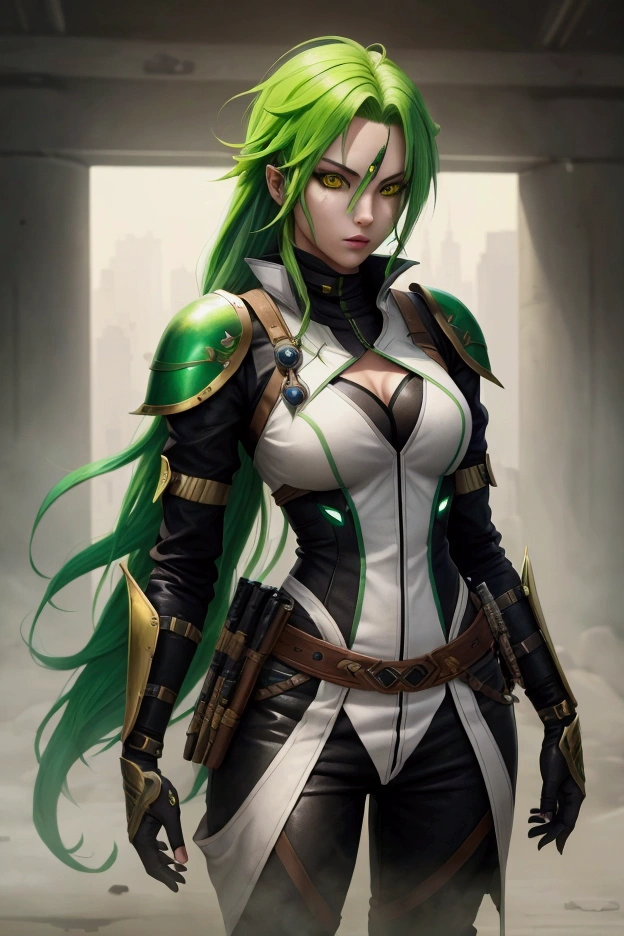 Human fighter with 1,90 green hair without armor, yellow eyes,