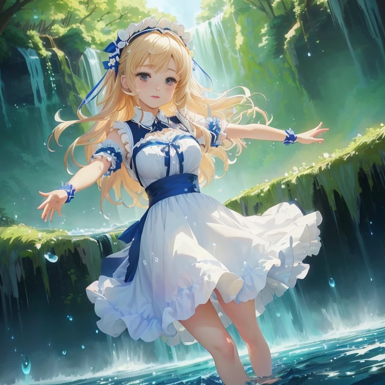 anime girl in a blue dress standing in front of a waterfall, splash art anime , anime style 4 k, cute anime waifu in a nice dress, wallpaper anime blue water, a maid in a magical forest, lolidress, anime girl walking on water, anime art wallpaper 8 k, anime art wallpaper 4 k, anime art wallpaper 4k, rin