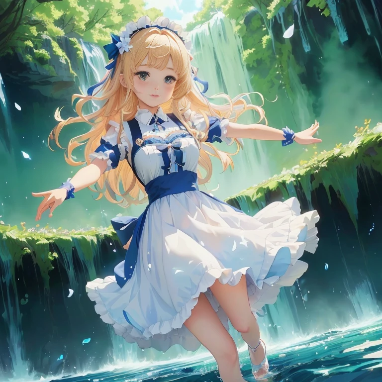 anime girl in a blue dress standing in front of a waterfall, splash art anime loli, anime style 4 k, cute anime waifu in a nice dress, wallpaper anime blue water, a maid in a magical forest, loli in dress, anime girl walking on water, anime art wallpaper 8 k, anime art wallpaper 4 k, anime art wallpaper 4k, rin