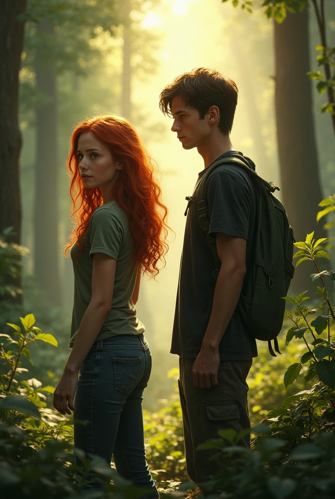 thomas maze runner next to a young redheaded woman in the clearing 