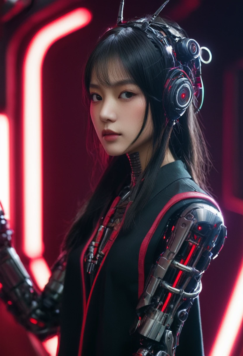 xxmixgirl. Highly detailed professional 35mm film, bokeh, face in sharp focus. A robotic female, Miku, with ((metal skin)), ((perfect Asian eyes)) with magenta irises and ((black pupils)), beautiful serious (detailed face), 18 year old ((photorealistic face)), very long magenta twin tails of magenta hair, twin black hair ties with a single red stripe. She may have a black audio headpiece. We can see her ((full body)) down to her boot soles. Her outfit is a sleeveless collared light grey shirt, outlined in red around the frilled collar and hems. Shiny reflective ((metallic breast cups, dimpleless)), invisible nipples. She wears black sleeves with red hems that start around her upper arm and bellow out as the sleeves open and extend to her wrists, with wide trumpet red rimmed cuffs. She has perfect robotic (detailed hands). She wears a red colored tie with two horizontal solid parallel black lines halfway across. She wears a fabric black skirt with a horizontal red hem at the bottom all the way around; her (((black skirt wraps around her))) and ((her skirt completely covers)) her robotic waist and thighs. Tall black boots with red bottom soles, a red rim around the top at her thighs. Her mechanical shoulder joints are visible. We can see her robotic legs and robotic neck. Half of her is covered with shiny polished machinery. The background is a distant dark neon futuristic Japanese city, gold, cyan, violet neon, near harbor or mountains.