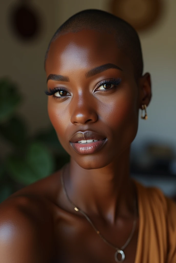 Beautiful black women no hair bold at Home taking selfie